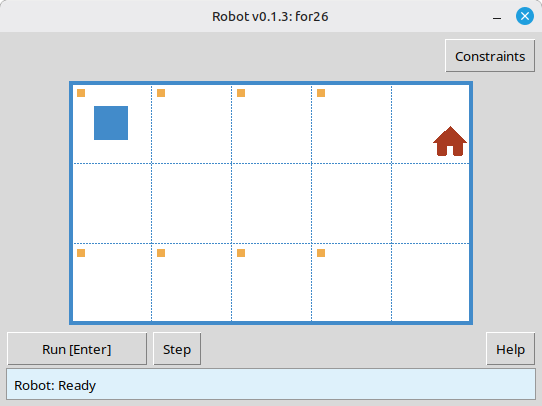 Robot window showing task for26 with constraint hints in the UI.