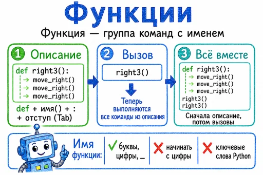 Плакат «Функции»: описание, вызов и правило «сначала описание, потом вызовы».