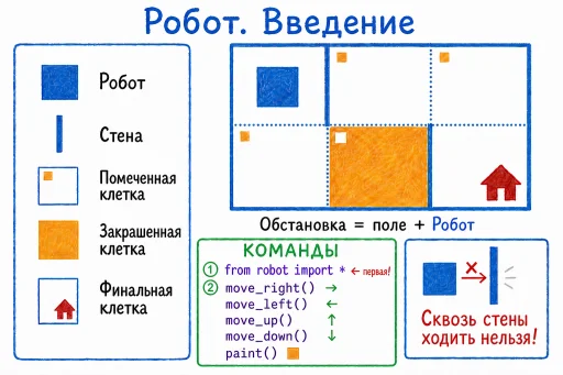 Плакат «Робот. Введение»: легенда поля, обстановка и базовые команды.