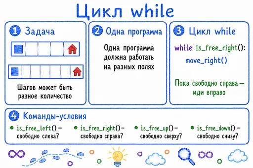 Плакат «Цикл while»: задача с неизвестным числом шагов и идея «одна программа для разных полей».