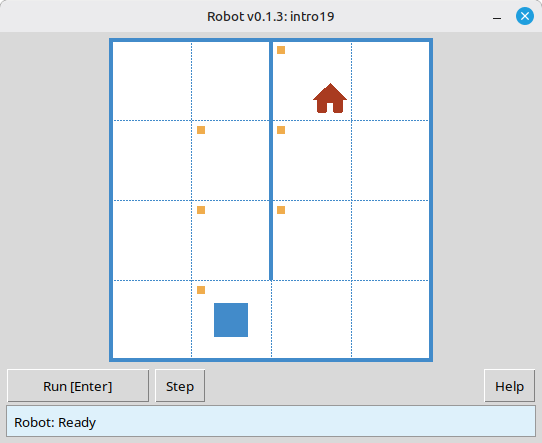 Robot desktop window showing a colorful grid task with the robot, walls, and goal.