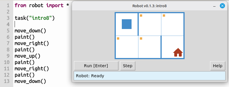 Robot window with task intro8: reach the house and paint marked cells along the way.
