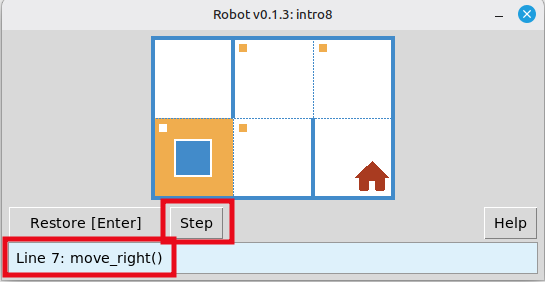 Robot window in step mode: program paused after a move command.
